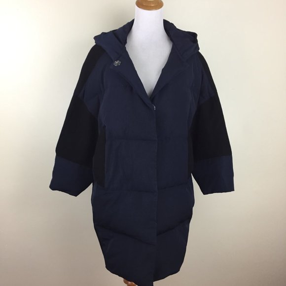 BASIC HOUSE Black Dark Blue Wool Blend Hoodie Duck Down Puffer Oversized Jacket - Picture 7 of 16